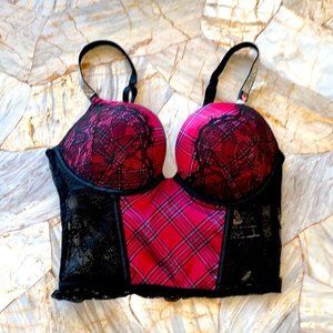 New 32A VS VERY SEXY Bombshell Add-2-Cups Push-Up Corset Top Red Plaid Shine